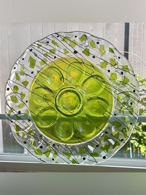 Stunning Green Fused Glass Egg Tray with Black, Green & White Confetti in Edging